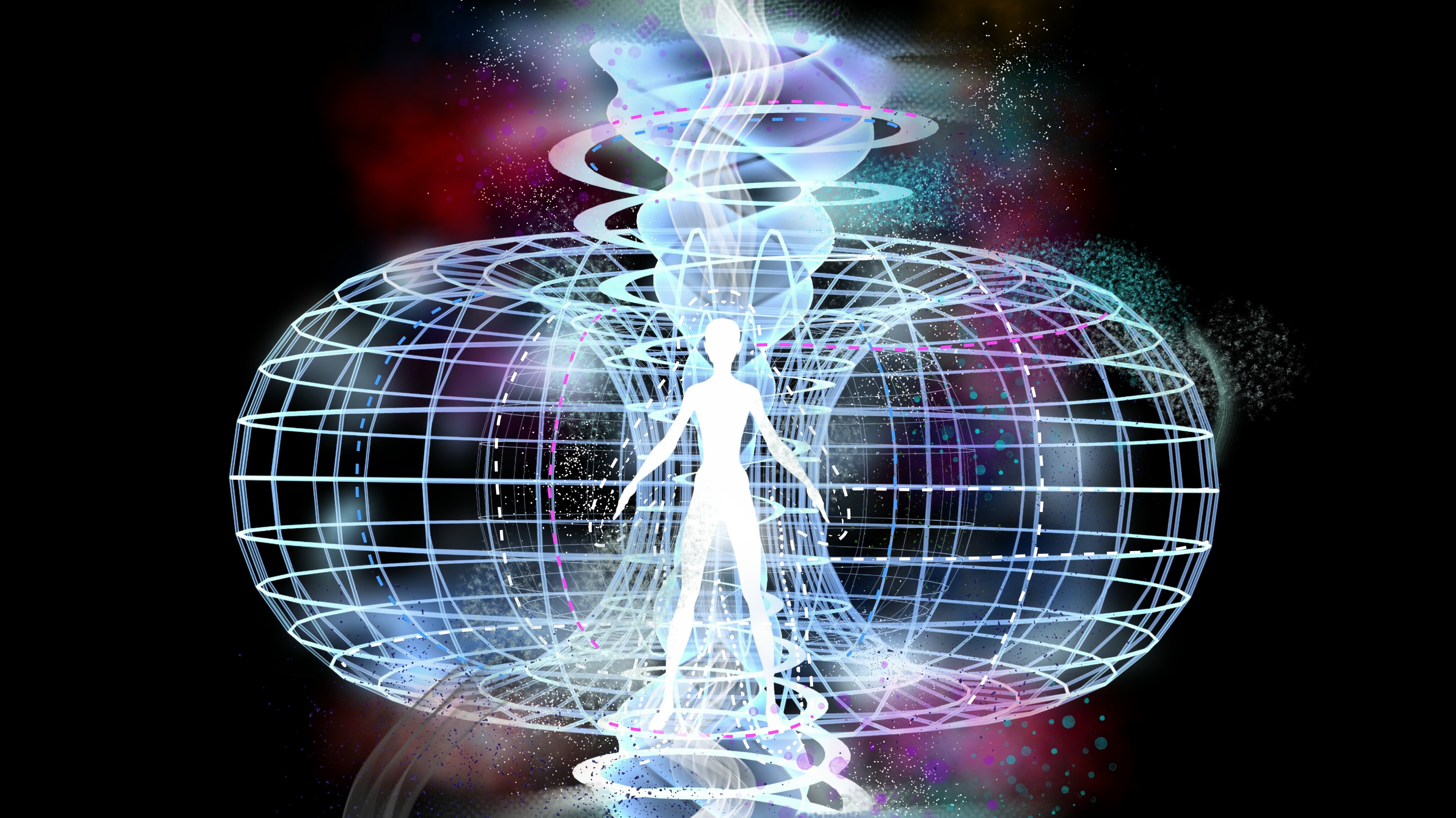 Futuristic quantum energy field surrounding a human figure
